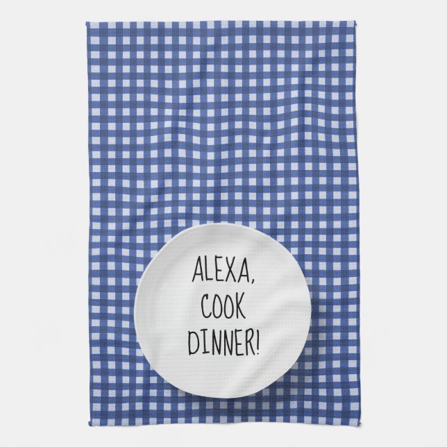 Alexa Command humour on gingham Tea Towel (Vertical)