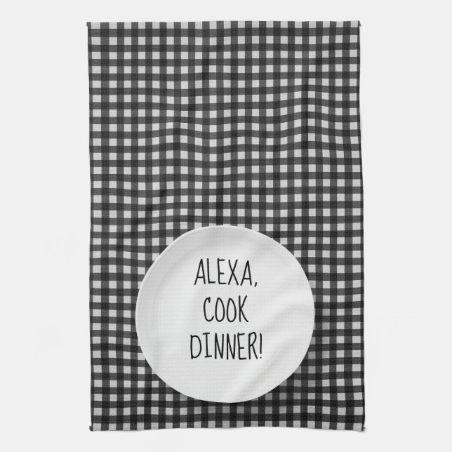 Alexa Command humour on gingham Tea Towel (Vertical)