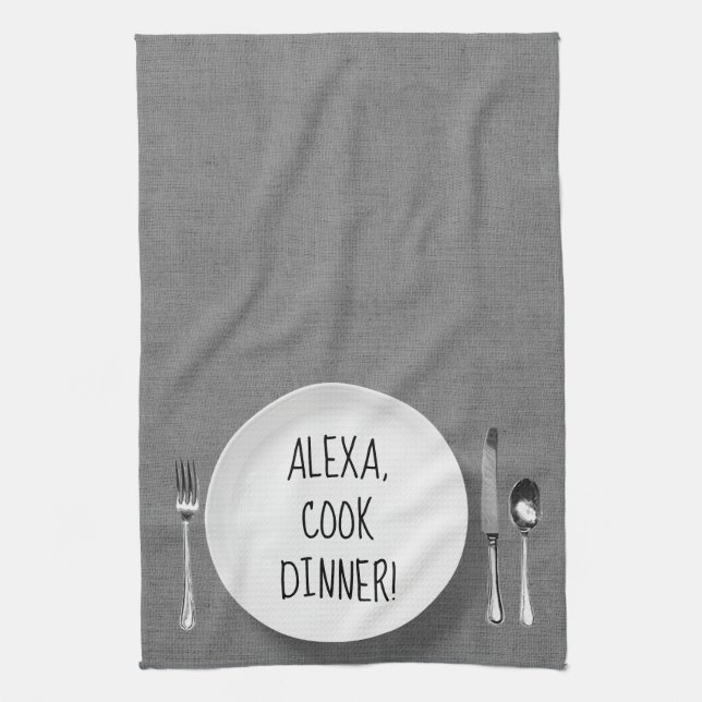 Alexa Command humour on grey Tea Towel (Vertical)