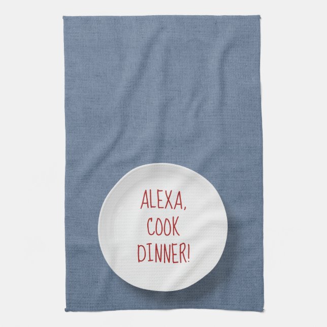 Alexa Command humour on plate Tea Towel (Vertical)