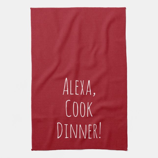 Alexa Command humour on red Tea Towel (Vertical)