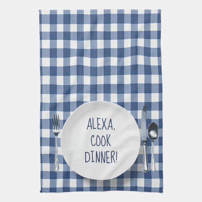 Alexa Command On Blue Gingham Tea Towel (Vertical)