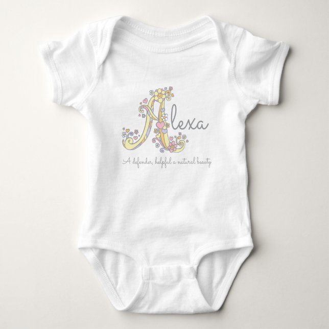 Alexa girls name meaning monogram hearts baby bodysuit (Front)