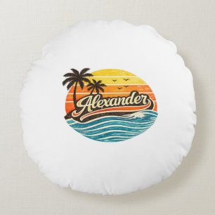 Alexander Retro Sunset Name Design Round Cushion
