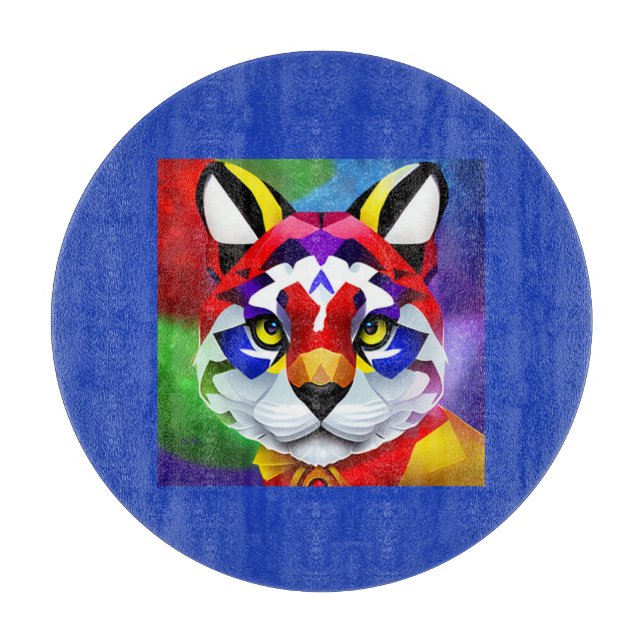 Alexander's Cat blue round glass cutting board (Front)