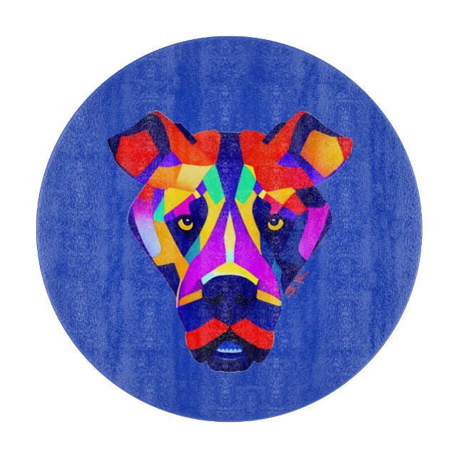 Alexander's Dog blue round glass cutting board (Front)