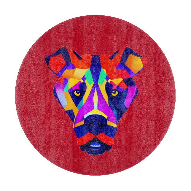 Alexander's Dog red round glass cutting board (Front)