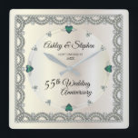 Alexandrite | Diamonds 55th Wedding Anniversary  Square Wall Clock<br><div class="desc">Opulent elegance frames this 55th wedding anniversary design in a unique scalloped diamond design with diamond and heart-shaped alexandrite look accents in lieu of numbers and faux added sparkles on a white gold-tone gradient. Please note that all embellishments are printed and are only made to appear as real as possible...</div>