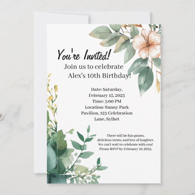 Alex's Floral 10th Birthday Invitation (Front)