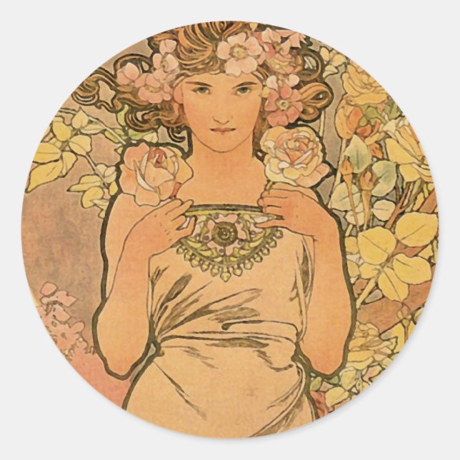 Alfons Mucha ~ The rose Classic Round Sticker (Front)