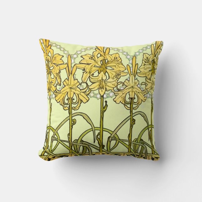 Alfonse Mucha Art Nouveau Lily Floral Pattern Cushion (Front)