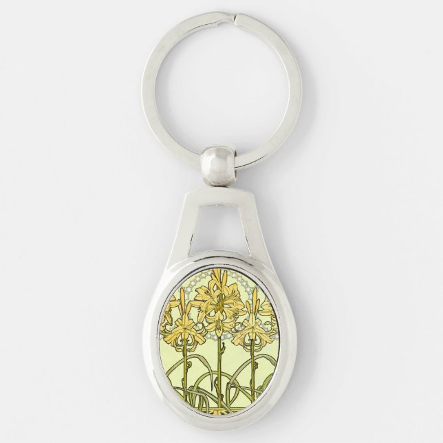 Alfonse Mucha Art Nouveau Lily Floral Pattern Key Ring (Front)
