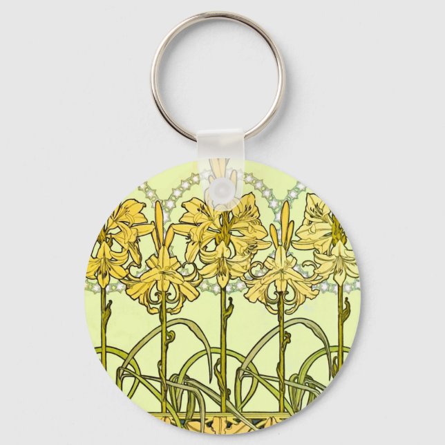 Alfonse Mucha Art Nouveau Lily Floral Pattern Key Ring (Front)