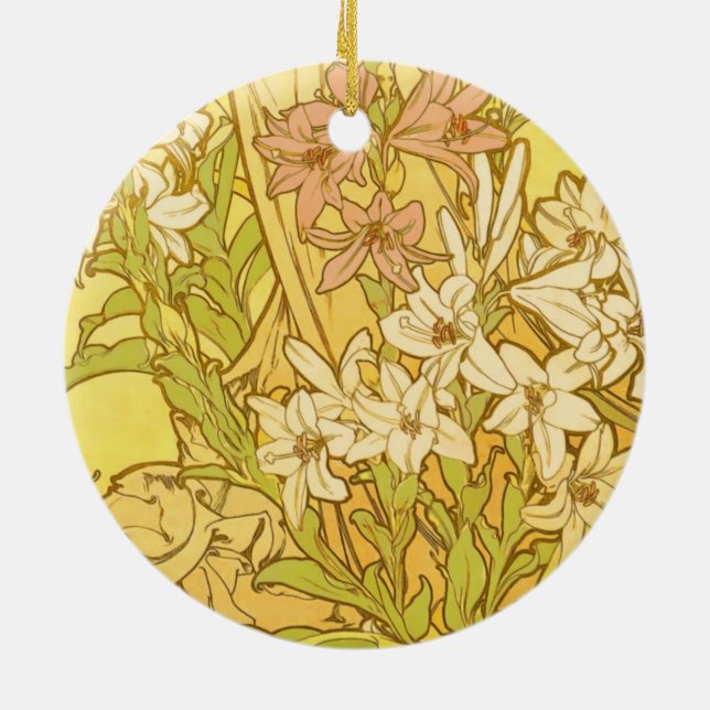 Alfonse Mucha Art Nouveau lily flowers Ceramic Tree Decoration (Back)