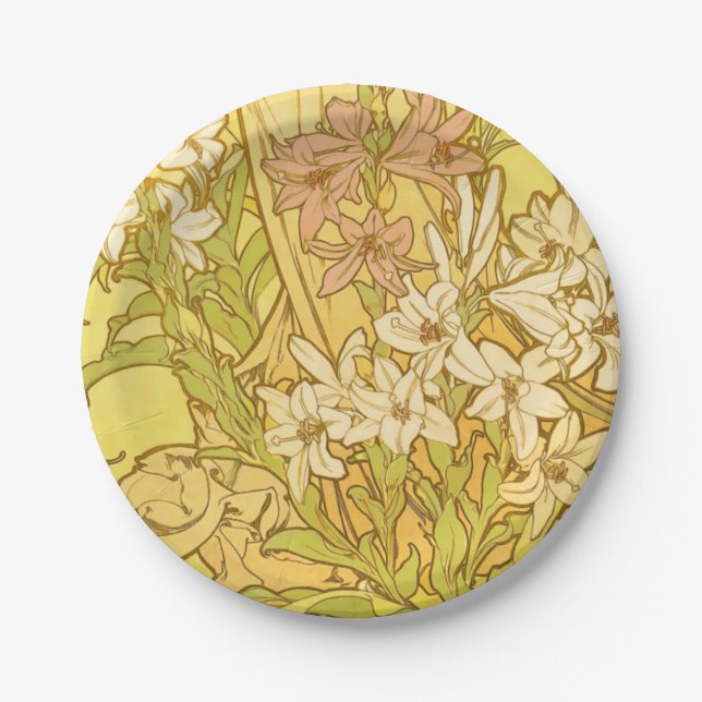 Alfonse Mucha Art Nouveau lily flowers Paper Plate (Front)