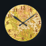 Alfonse Mucha Art Nouveau lily flowers Round Clock<br><div class="desc">This floral pattern is a fragment of Alfonse Mucha Lilies,  a painting pattern from art nouveau artist Alfonse Mucha. It is a work of art in a yellow forest covered with lilies.</div>