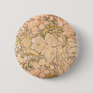 Alfonse Mucha Art Nouveau Peonies 6 Cm Round Badge