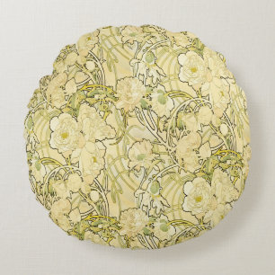 Alfonse Mucha Art Nouveau Peonies Botanical Art Round Cushion