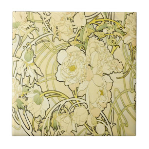 Alfonse Mucha Art Nouveau Peonies Botanical Art Tile