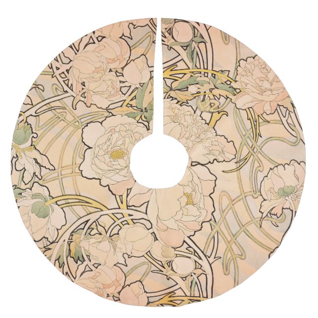 Alfonse Mucha Art Nouveau Peonies Brushed Polyester Tree Skirt (Front)