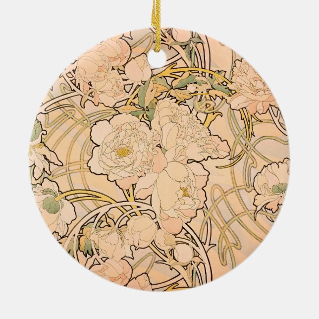 Alfonse Mucha Art Nouveau Peonies Ceramic Tree Decoration (Back)
