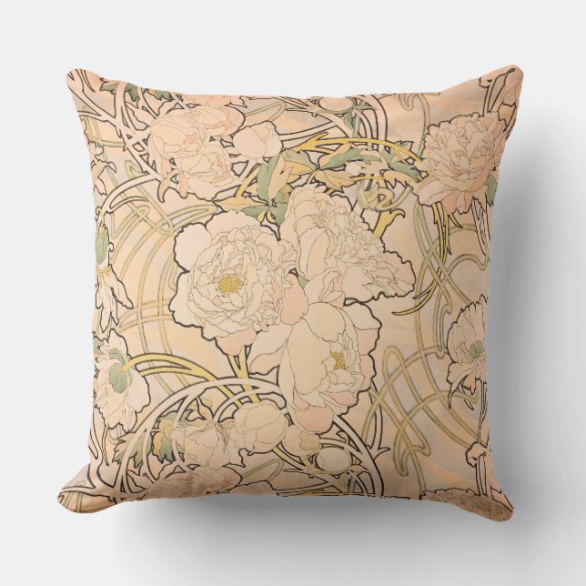 Alfonse Mucha Art Nouveau Peonies Cushion (Front)
