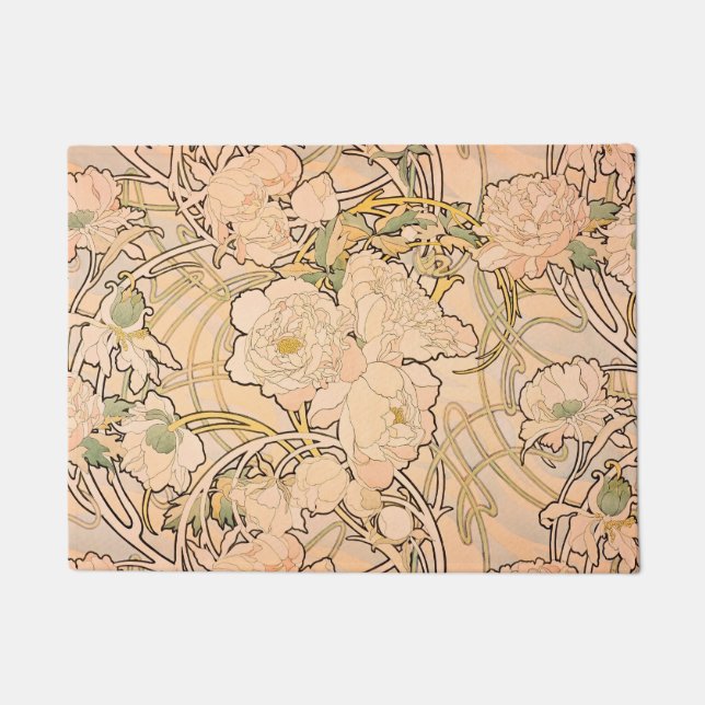 Alfonse Mucha Art Nouveau Peonies Doormat (Front)