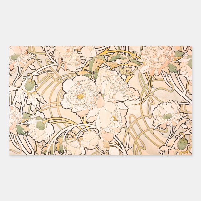 Alfonse Mucha Art Nouveau Peonies Rectangular Sticker (Front)