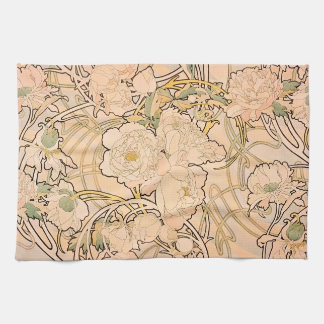Alfonse Mucha Art Nouveau Peonies Tea Towel (Horizontal)