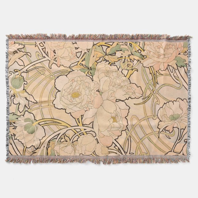 Alfonse Mucha Art Nouveau Peonies Throw Blanket (Front)