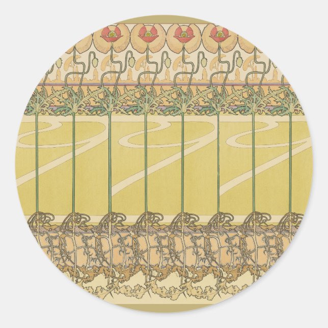 Alfonse Mucha Poppies Art Nouveau Floral Wallpaper Classic Round Sticker (Front)