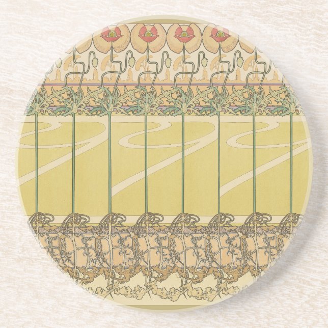 Alfonse Mucha Poppies Art Nouveau Floral Wallpaper Coaster (Front)