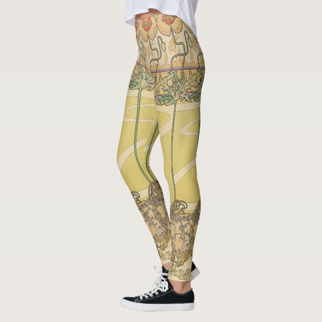 Alfonse Mucha Poppies Art Nouveau Floral Wallpaper Leggings (Left)