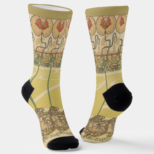 Alfonse Mucha Poppies Art Nouveau Floral Wallpaper Socks (Angled)