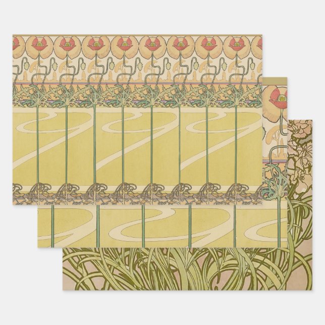 Alfonse Mucha Poppies Art Nouveau Floral Wallpaper Wrapping Paper Sheet (Set)