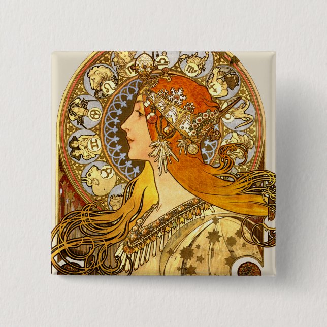 Alfonse Mucha Zodiac Art Nouveau Woman 15 Cm Square Badge (Front)