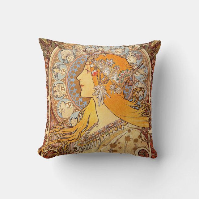 Alfonse Mucha Zodiac Art Nouveau Woman Cushion (Front)