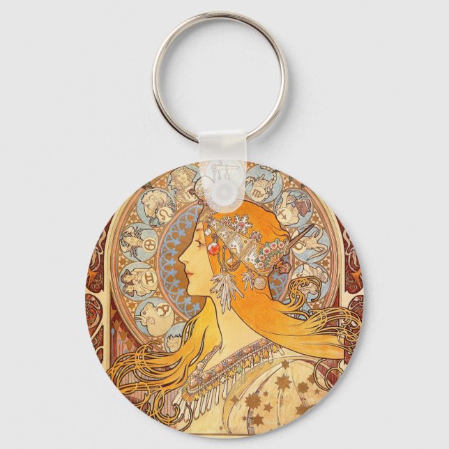 Alfonse Mucha Zodiac Art Nouveau Woman Key Ring (Front)