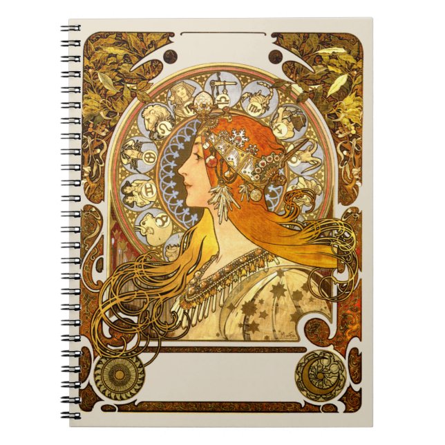 Alfonse Mucha Zodiac Art Nouveau Woman Spiral Notebook (Front)