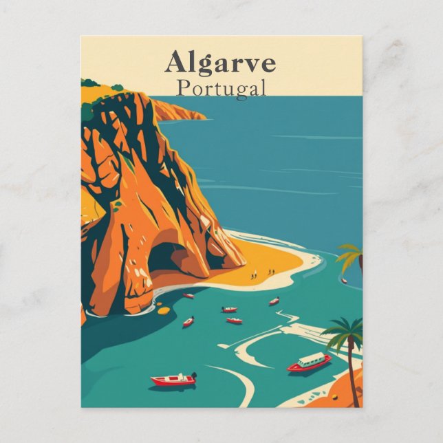 Algarve, Portugal European Retro Coastal  Art Postcard (Front)