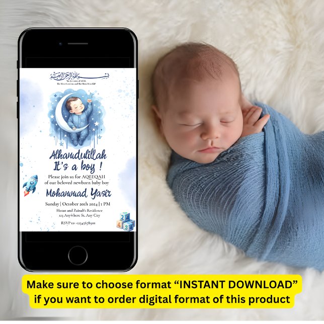 Alhamdulillah it's a boy blue aqeeqah muslim baby invitation (Creator Uploaded)