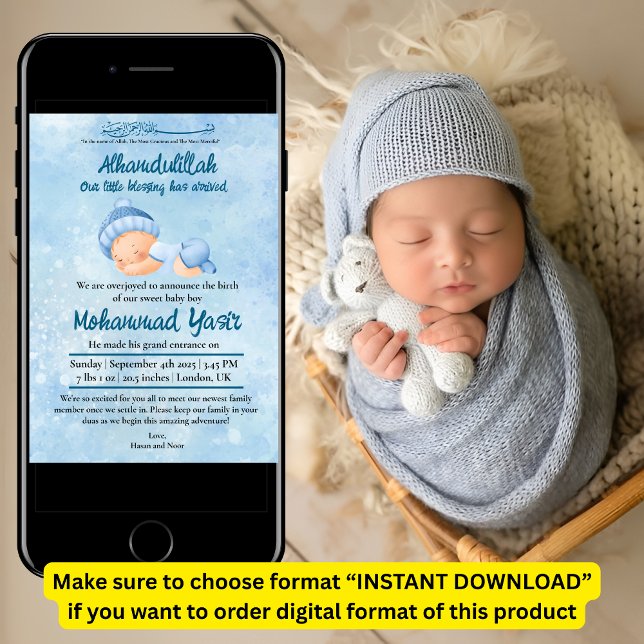 Alhamdulillah muslim baby boy birth announcement (Creator Uploaded)