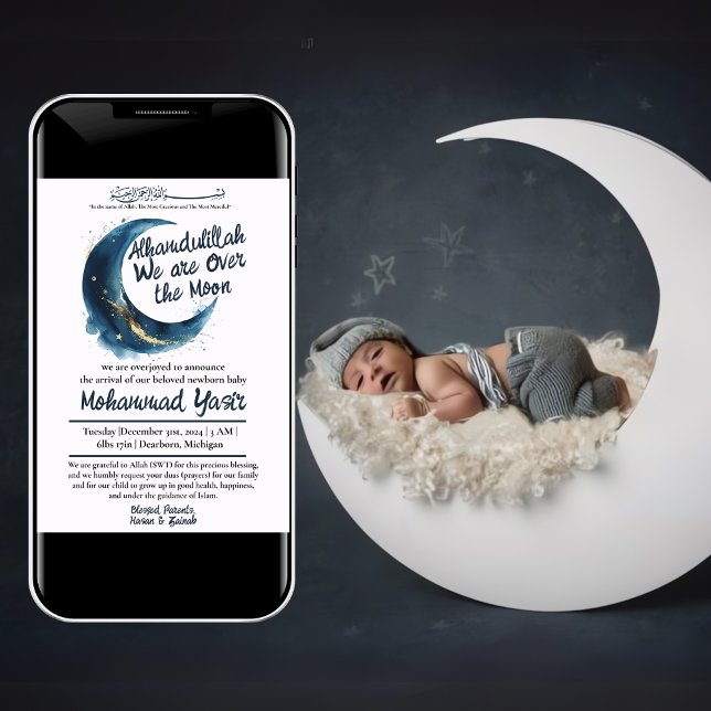Alhamdulillah we are over moon muslim baby birth invitation (Creator Uploaded)