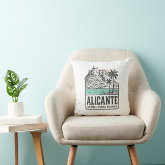 Alicante Sketch Santa Bárbara Castle Costa Blanca Cushion