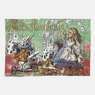 alice adventure cards wonderland hatter rabbit tea towel