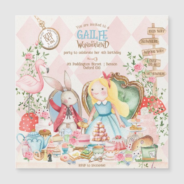Alice Adventures in Woderland Birthday Tea Party Magnetic Invitation (Front)
