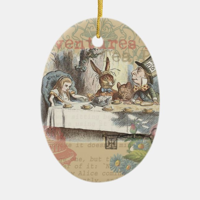 Alice Adventures Wonderland Mad Tea Party Art Ceramic Tree Decoration (Front)