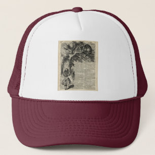 Alice and Cheshire Stencil Art On Old Book Page Trucker Hat