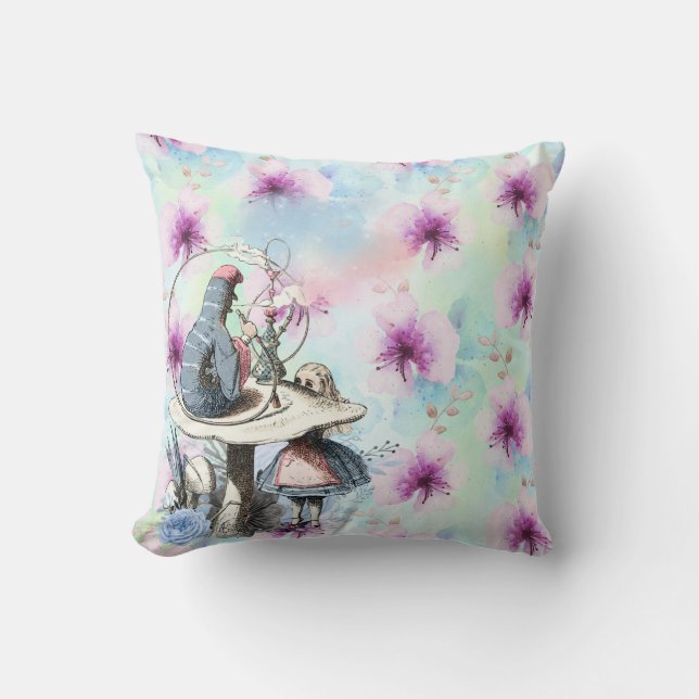 Alice and the Caterpillar Purple Floral Cushion (Front)