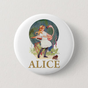 ALICE AND THE PINK FLAMINGO PLAY CROQUET 6 CM ROUND BADGE